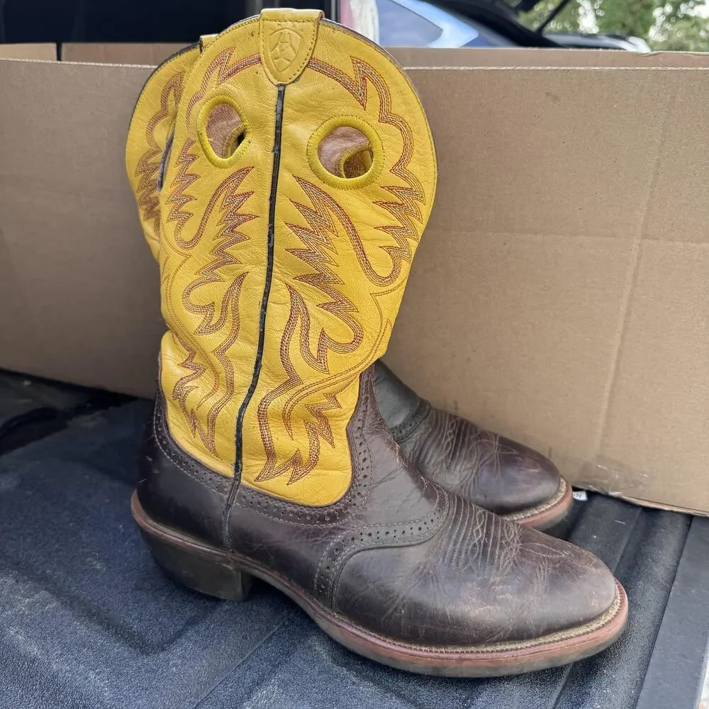 Ariat Boots Mens Size‎ 10.5 D Brown Yellow Leather Western Cowboy Pull Holes ATS